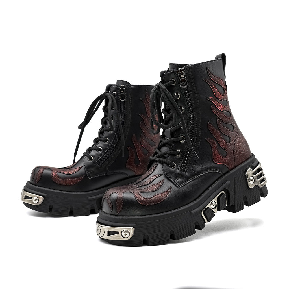 Women's & Men's Flame Thick Bottom Punk Retro Tank Height Increasing Boots