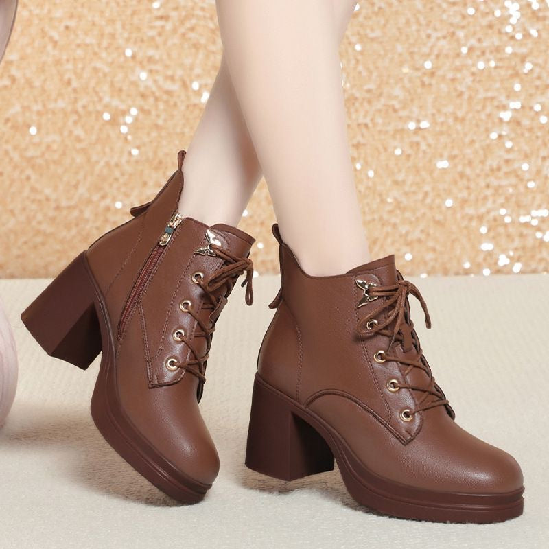Elegant Martin Side Zip Thick Small Height Increasing Veet Short Women's Leather Boots