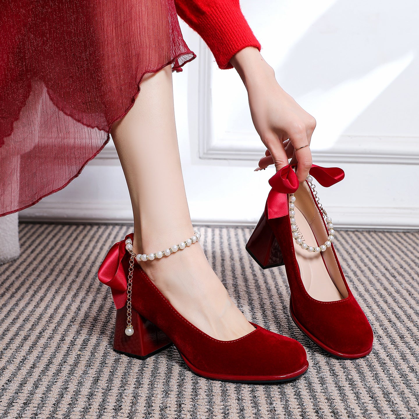 Red Wedding Mary Jane Bridal Engagement Women's Fashion Shoes