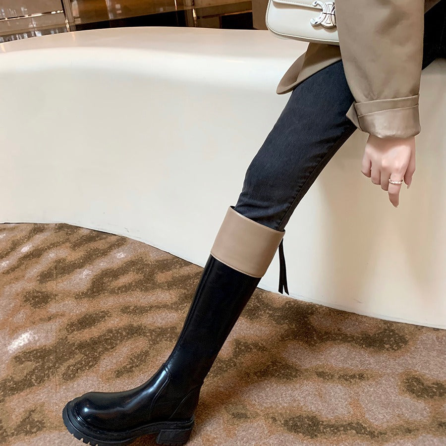 Women's Matching Fashion Round Head Thick Bottom Chunky Women's Leather Boots