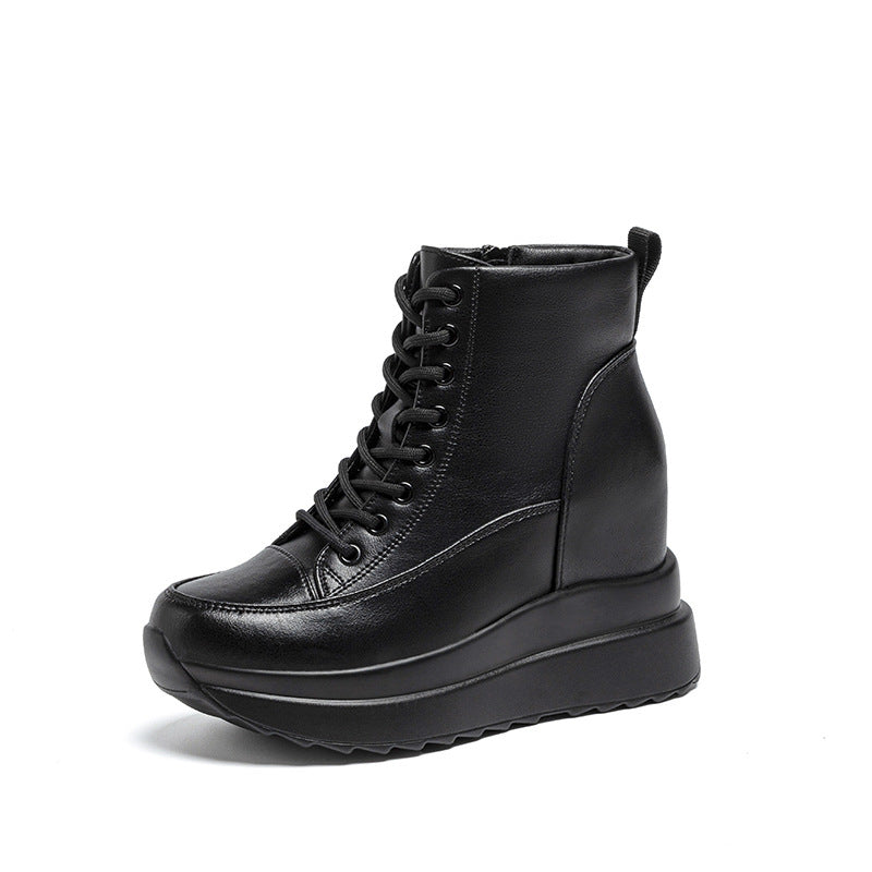 Women's Increasing Insole Flat Platform High Wedge Women's Leather Boots