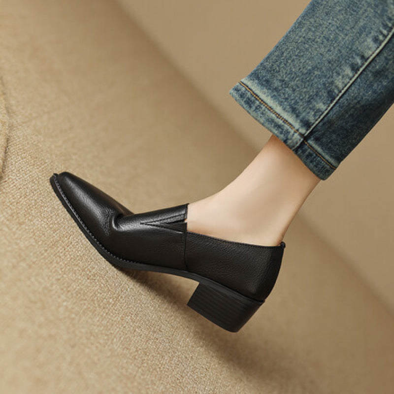 Genuine Handmade Pointed Sheepskin Temperament Deep Mouth Chunky Pumps Female Women's Casual Shoes