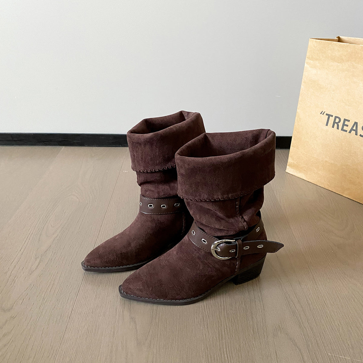 Suede Retro Length Knight Pleated Western Women's Leather Boots