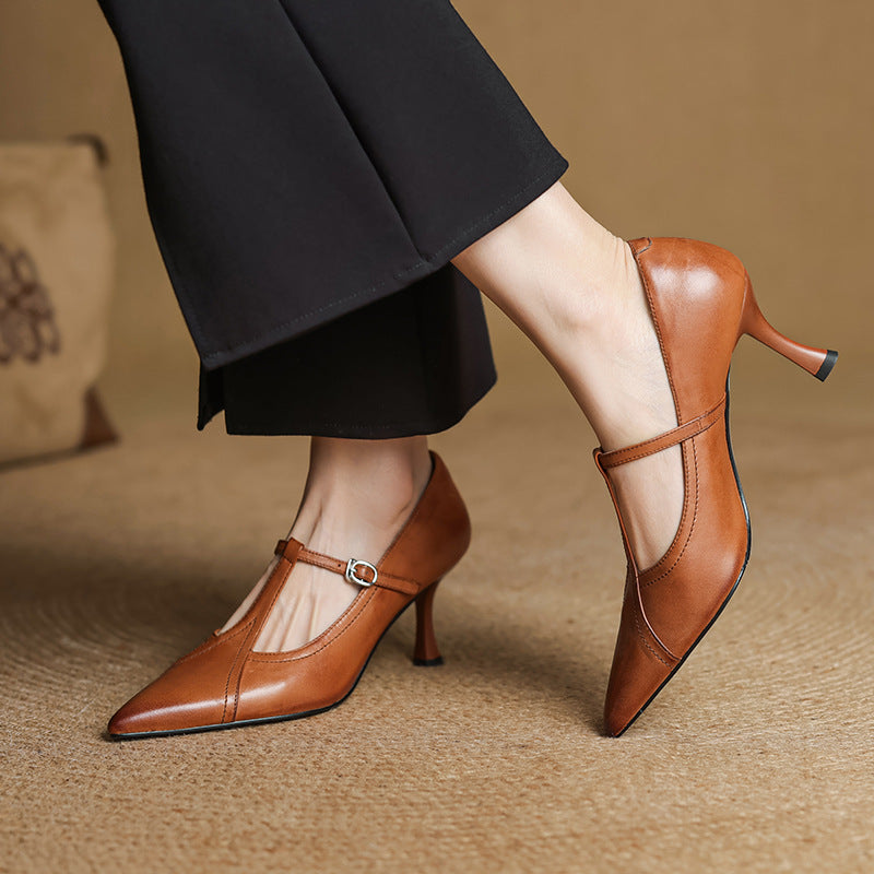 Women's Large Small Size Removable Sheepskin Simple Vintage Mary Heels
