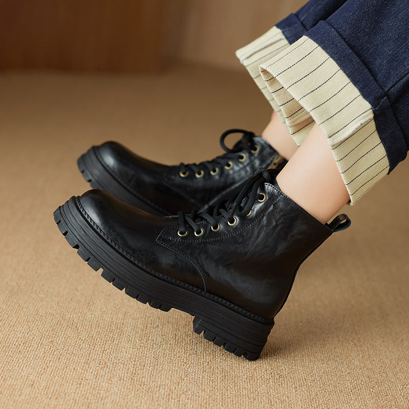 Women's Ankle Martin British Style Cowhide Side Boots