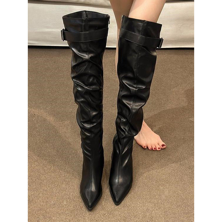 Over The Knee Large Tube Circumference Pile Style Pleated High Heels