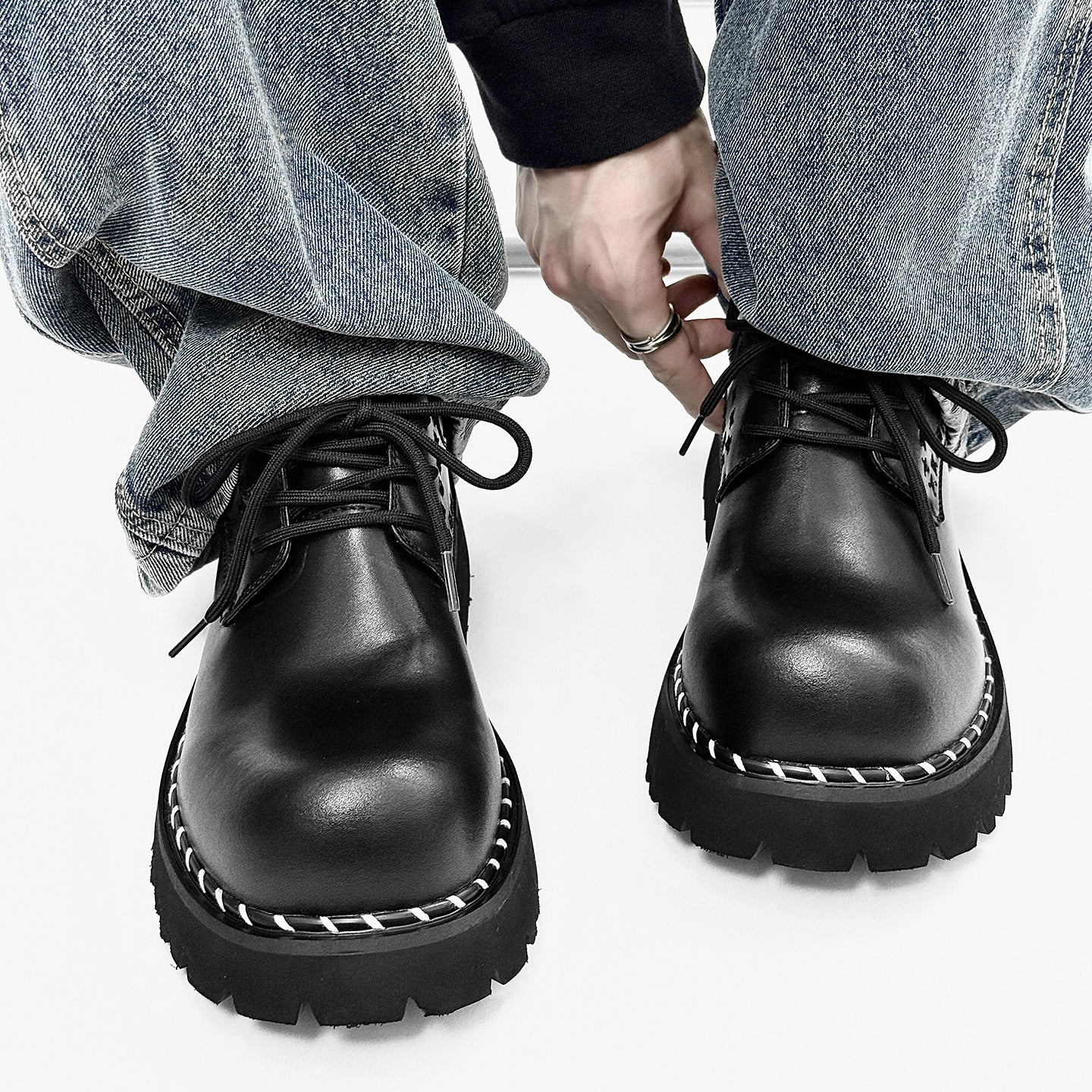 Thick Bottom Derby Elevator Wild Black Retro Design Niche Leather Shoes