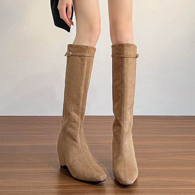 Women's Cowhide Version Small Height Increasing Insole High-heeled Women's Leather Boots