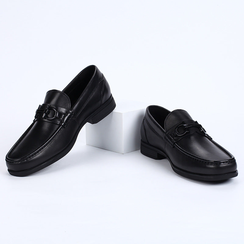 Men's Black Authentic Plain Design Cowhide Round Heels