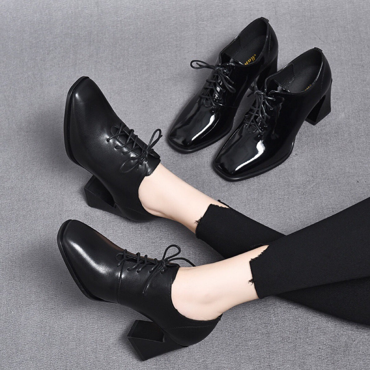 Women's Black Professional Square Toe Laces Mid Deep Women's Fashion Shoes