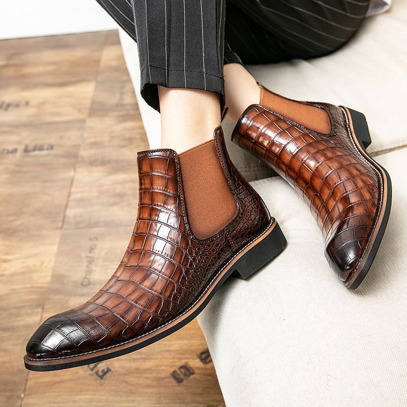 Men's Chelsea Pointed British Crocodile Pattern Ankle Fleece-lined Boots