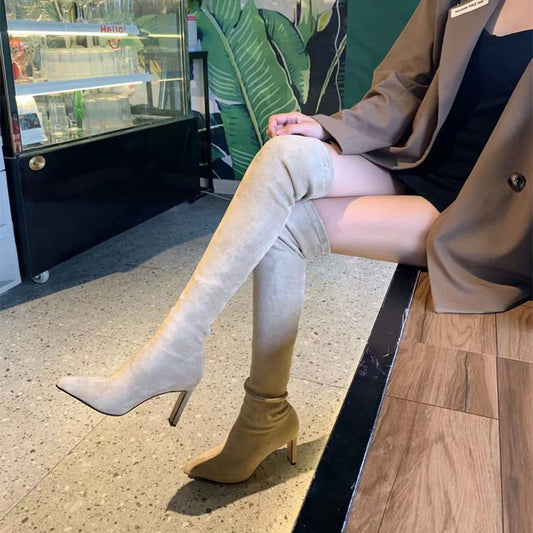 Pointed Toe High-heeled Thigh Female Apricot Suede Stretch Thin Over Boots