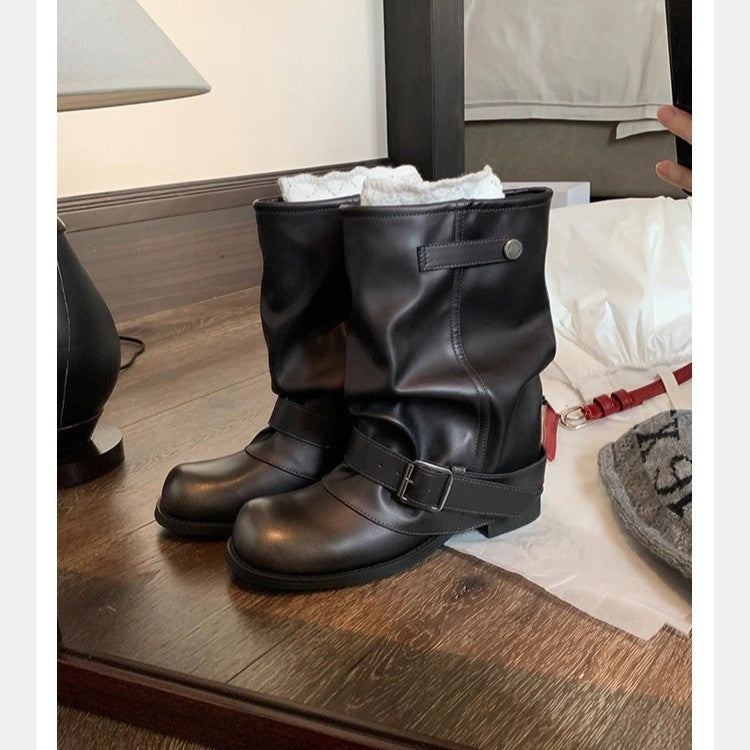 Bottom Increased Wide Big Tube Circumference Pile Style Western Women's Leather Boots