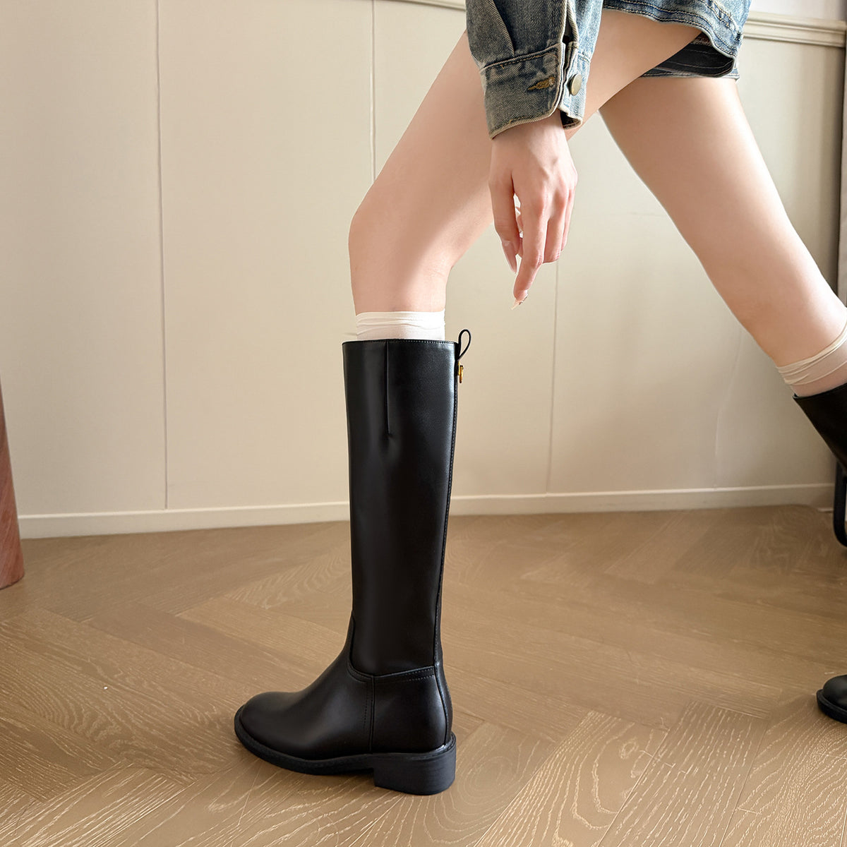 Women's Fleece-lined Pants Straight For Below The Knee Side Zipper Women's Leather Boots