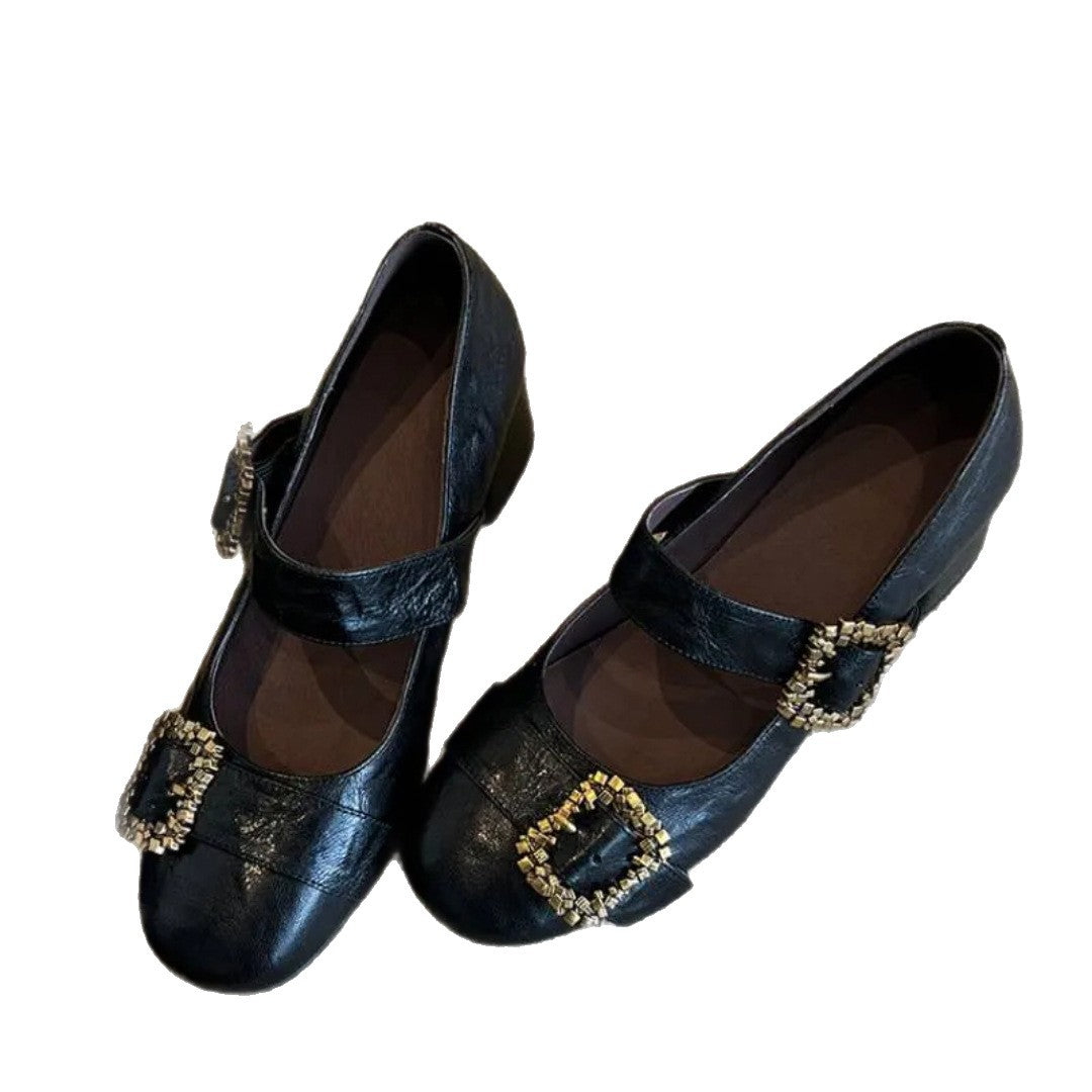 Sense Small Single-layer Word Metal Buckle Shallow Mouth Mid Mary Heels