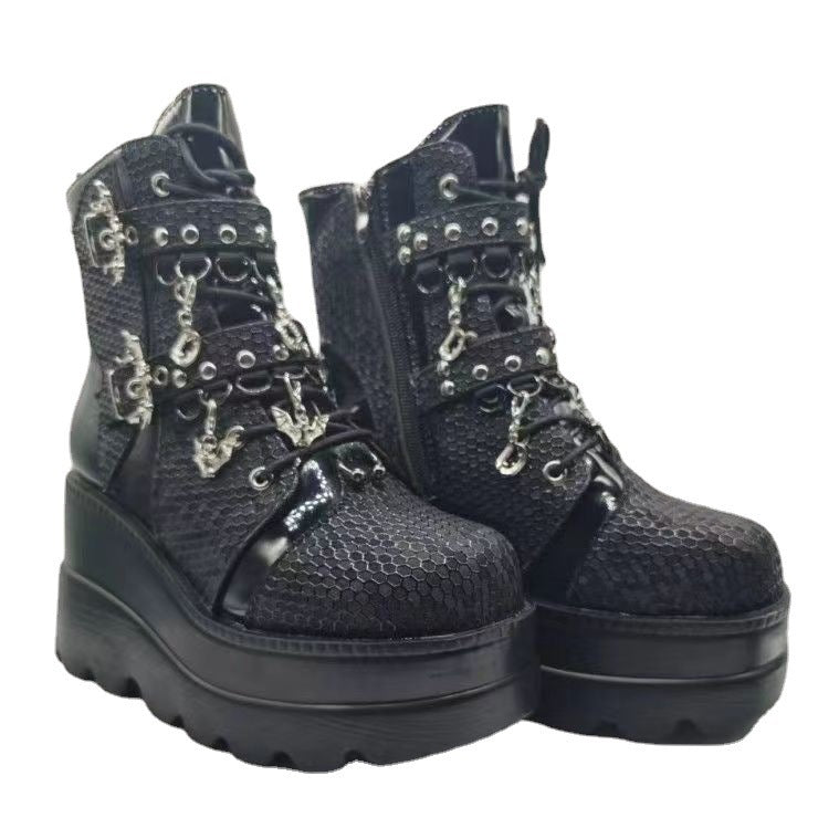 Women's Platform Wedge Bat Belt Buckle Short Martin Boots