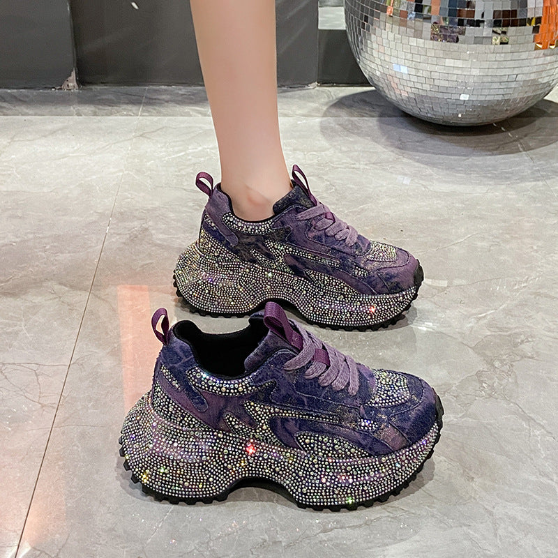 Women's Denim Rhinestone Platform Dad Autumn Small Height Women's Sports Shoes
