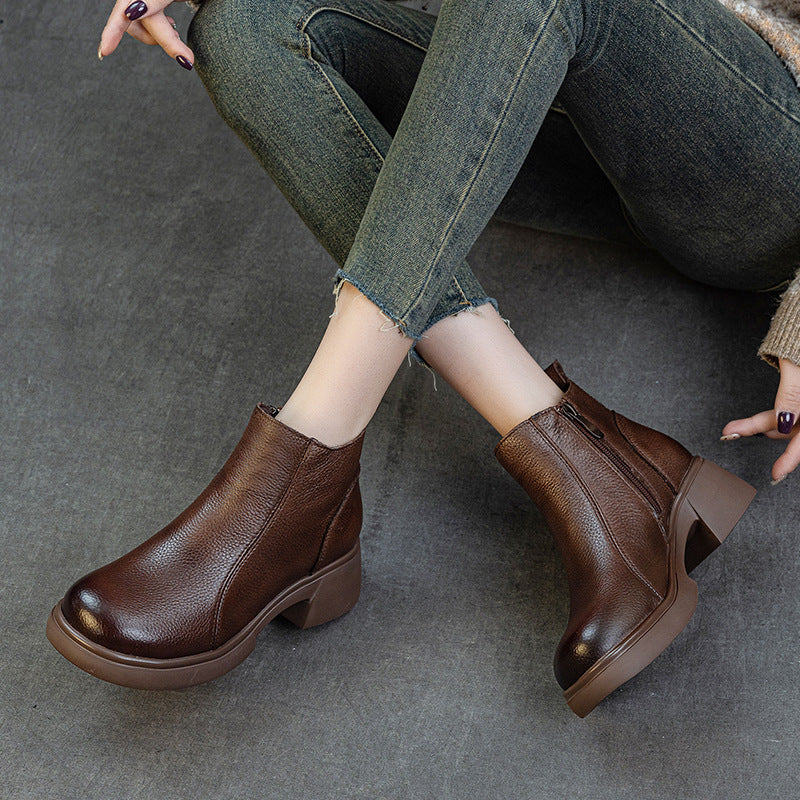 Women's First Layer Cowhide Martin Retro British Style Genuine Medium Heels