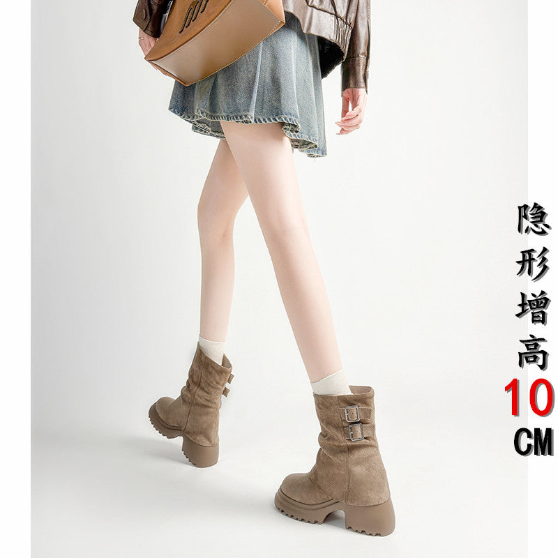 Women's Small Size Western Denim Riding Height Increasing Insole Platform Pleated Women's Leather Boots