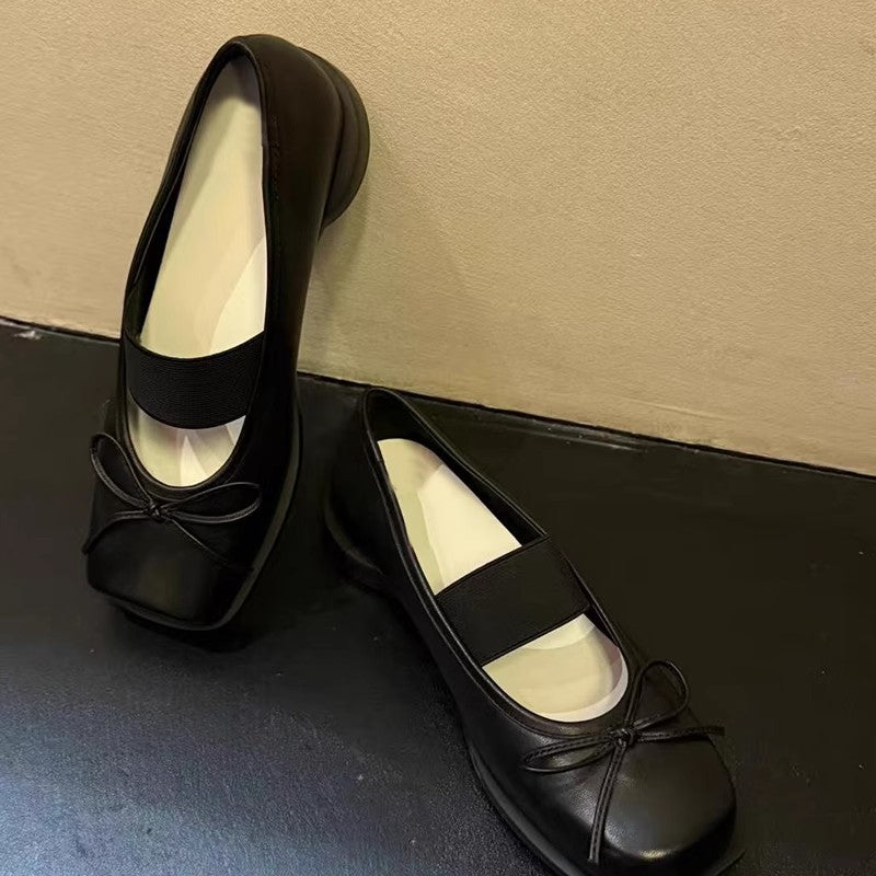 Vintage Low-cut Mandarin Duck Square Head Ballet Pumps Bow Heels