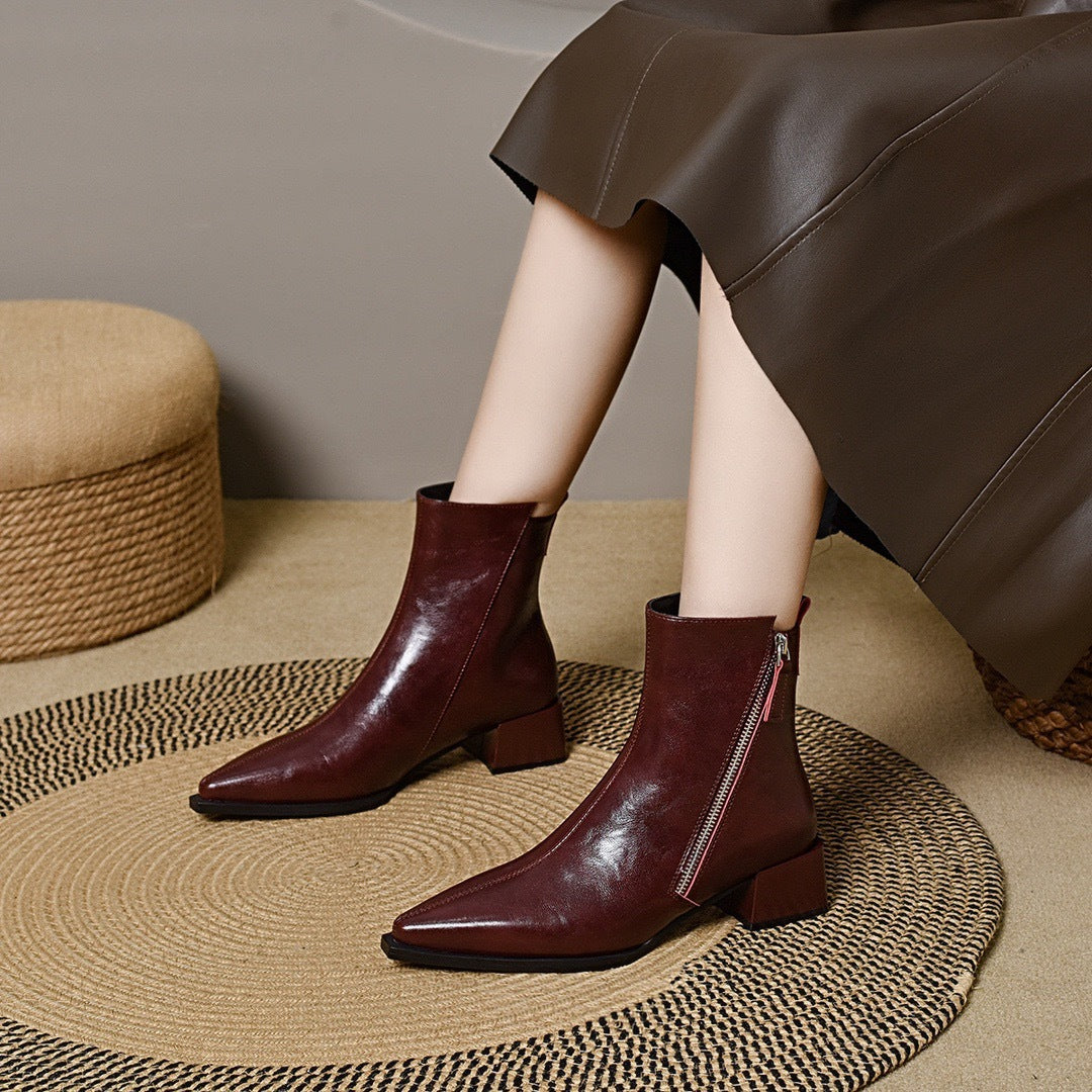 Women's Style Chunky Temperament Veet Short Mid Women's Leather Boots