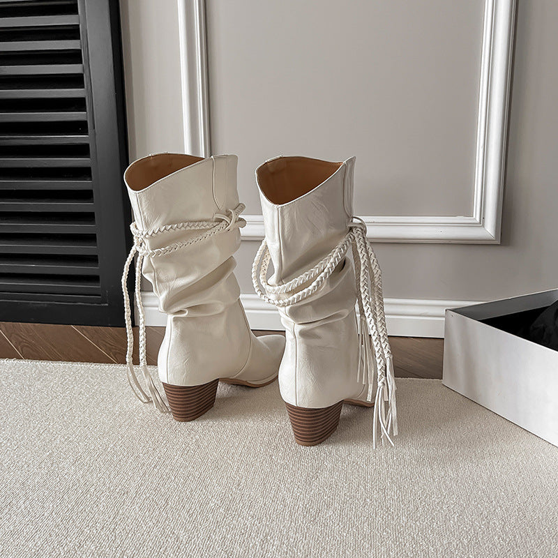 Women's High-grade Tassel Middle Pointed Toe Chunky Pile Boots