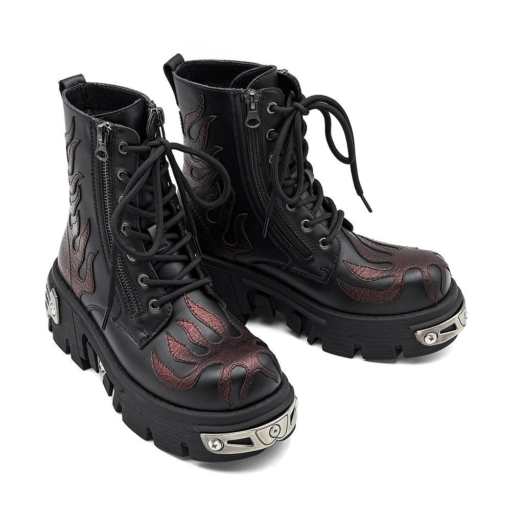 Women's & Men's Flame Thick Bottom Punk Retro Tank Height Increasing Boots