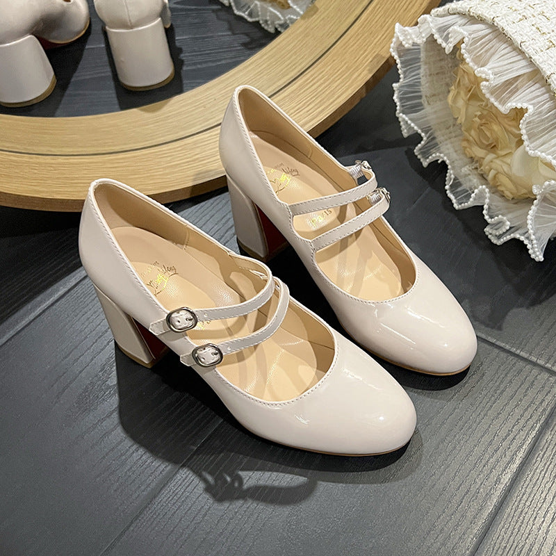 Round Head Double Buckle Chunky Mary Jane High Pumps Women's Fashion Shoes