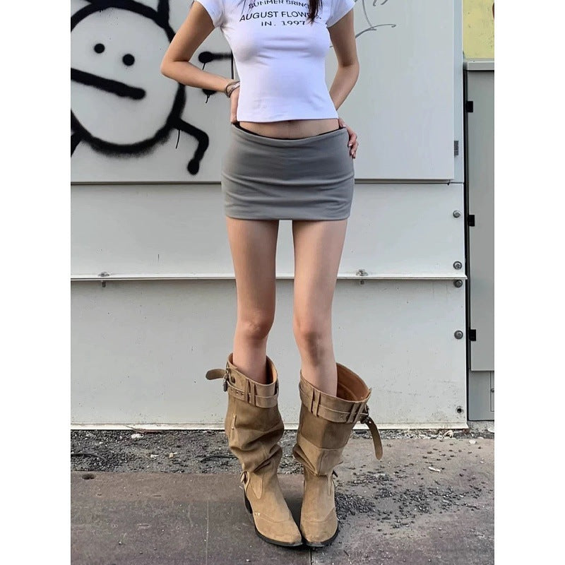 Women's Knee Long Female Khaki Suede Chunky Slimming Pleated Boots