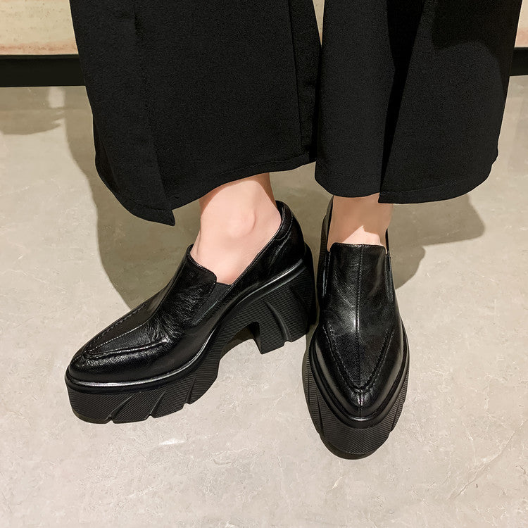 Women's Pointed Toe Platform Genuine Spring Waterproof Thick High British Leather Shoes