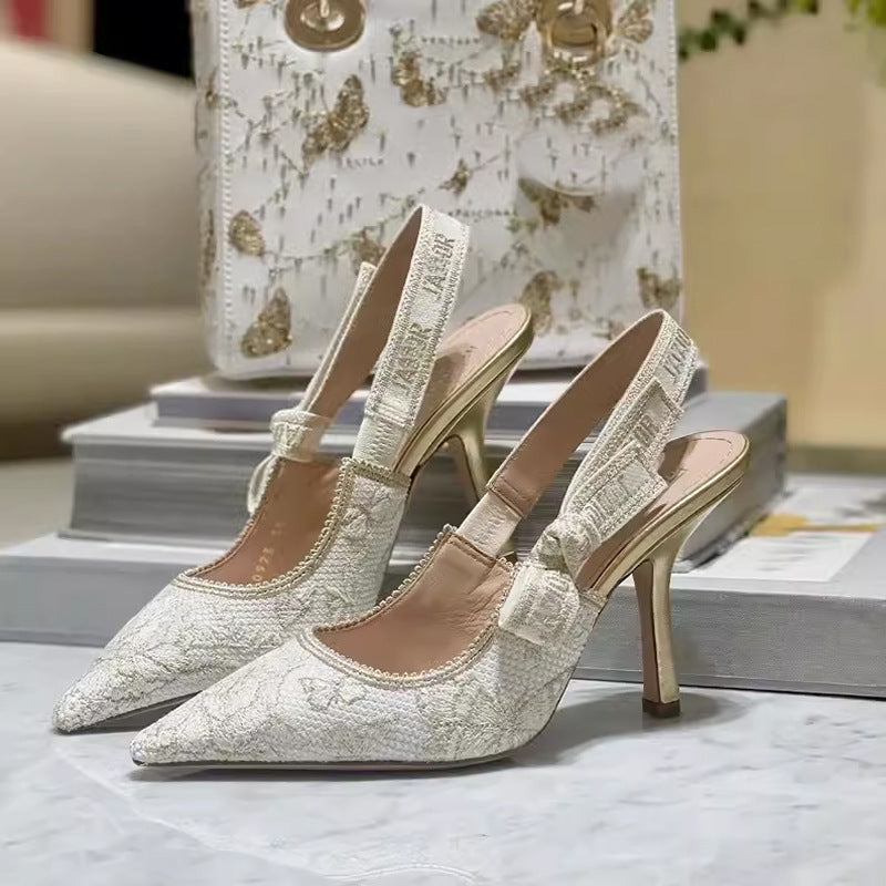 Women's With Bowknot Early Spring Retro Gold Embroidery High Heeled Sandals