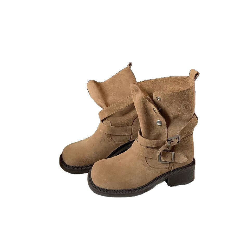 Height Increasing Autumn Fold Two-way Buckle Cow Suede Boots