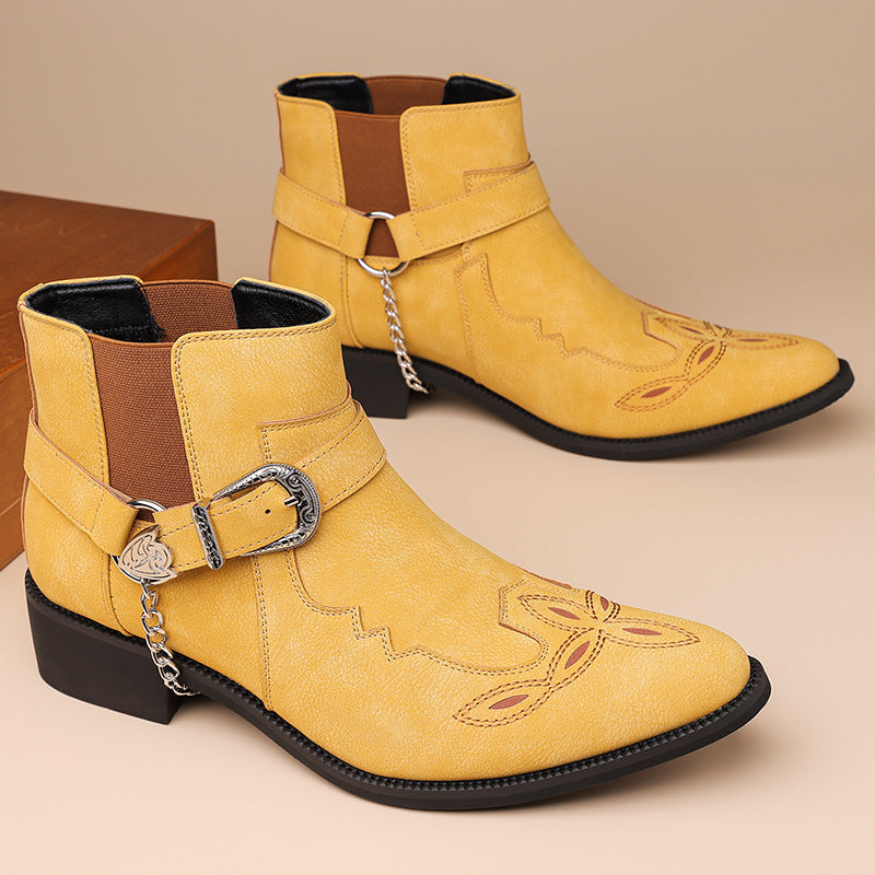 Men's Western Cowboy Matte Chelsea Punk Chain Buckle Men's Martin Boots