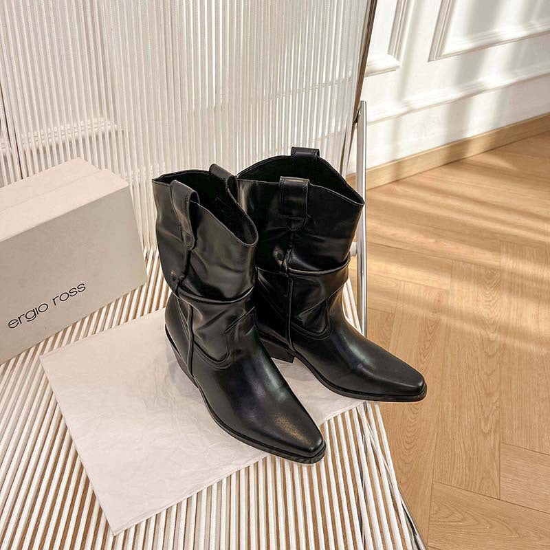 Women's Slimming Pointed Toe Chunky Booties Pile Style Women's Leather Boots
