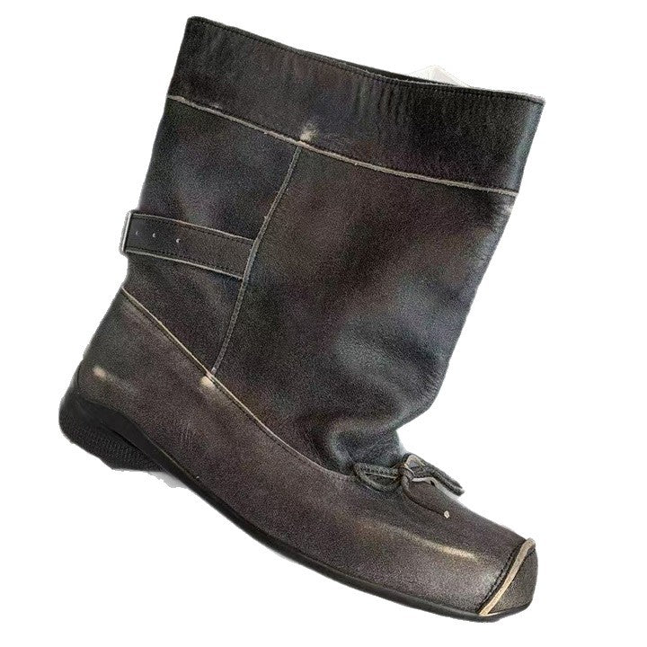 Version Square Toe Vintage Bowknot Platform Ballet Style Ankle Slimming Women's Leather Boots