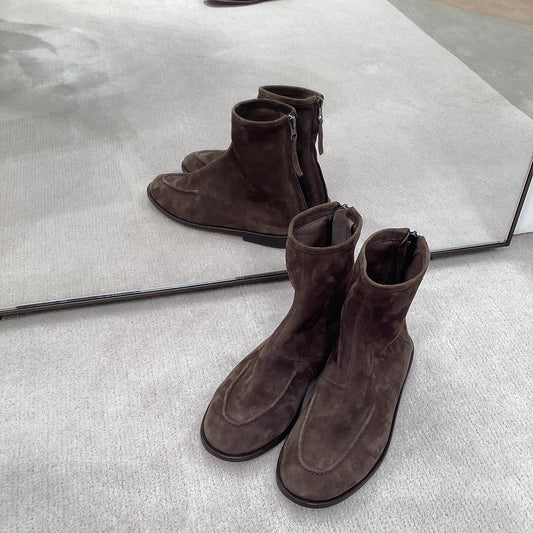British Style Round Toe Flat Bottom Ankle Genuine Suede Skinny Women's Leather Boots