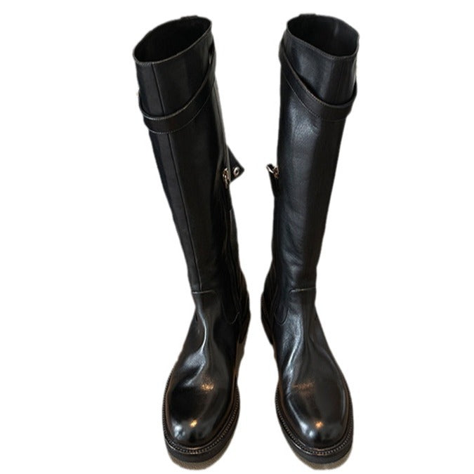 Women's Version Washed Horse Round Head Chunky Thick Bottom Raised Leg Boots