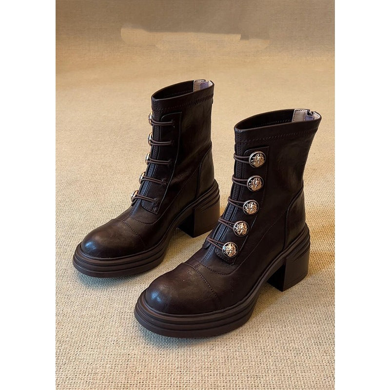 Women's Button Ankle Retro British Style High Stretch Skinny Women's Leather Boots