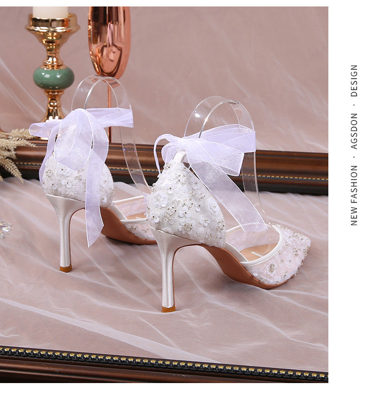 Style Sequin Hollowed White Lace Strap Stiletto High Heeled Sandals