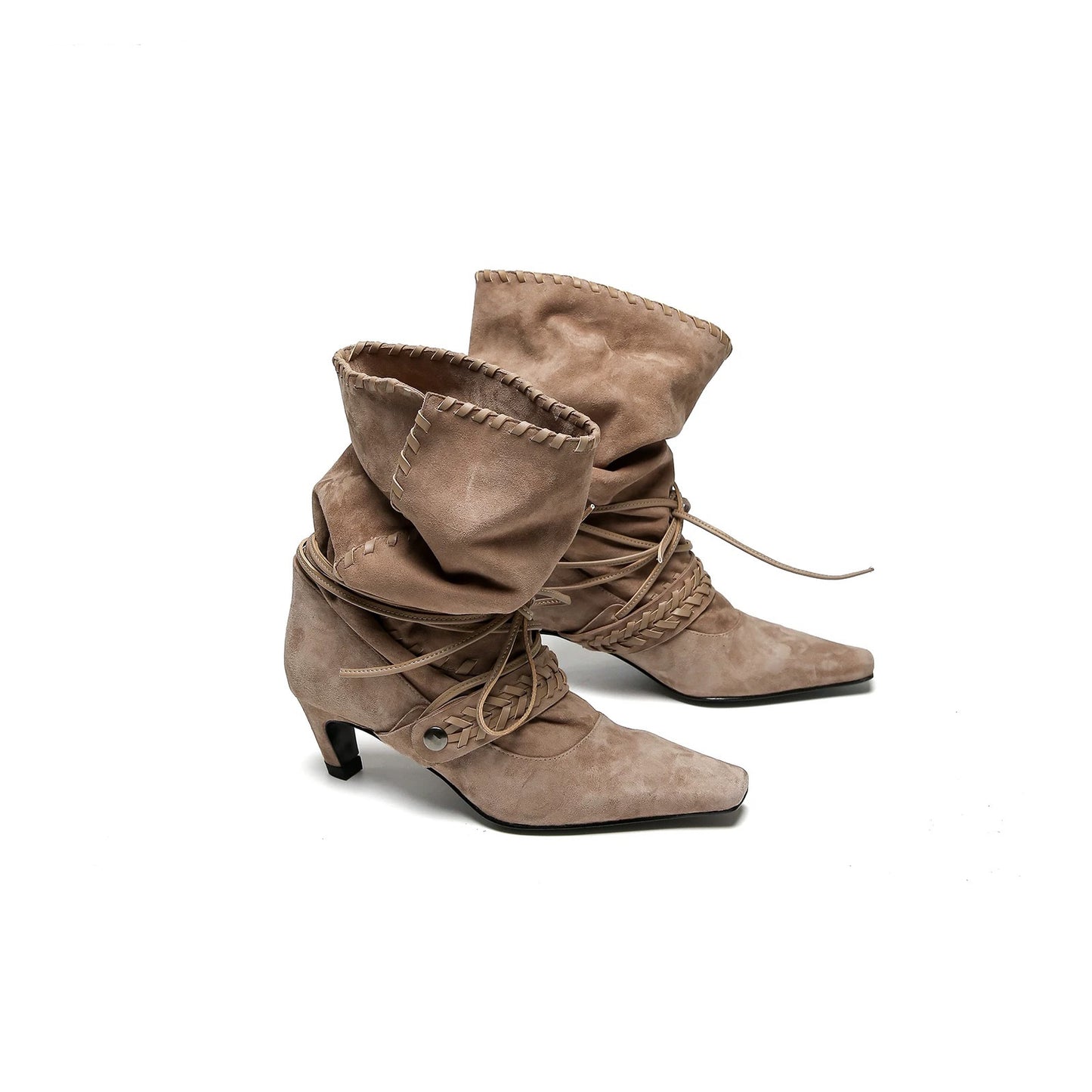 Women's Nomadic Niche Suede Square Toe High Western Cowboy Pleated Skinny Women's Leather Boots