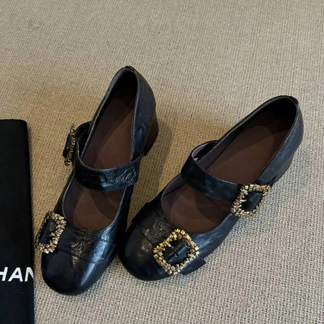 Sense Small Single-layer Word Metal Buckle Shallow Mouth Mid Mary Heels