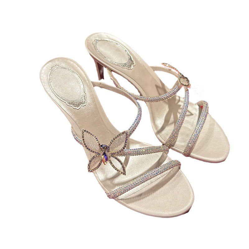 Women's Rhinestone Spring Stiletto Open Toe Bow Cross Strap High Heeled Sandals