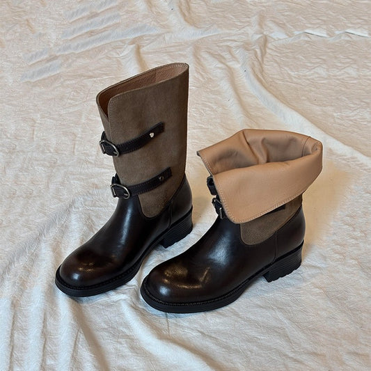 Women's British Style Fashionable Stitching Slimming Knight Belt Buckle Chunky Retro Boots
