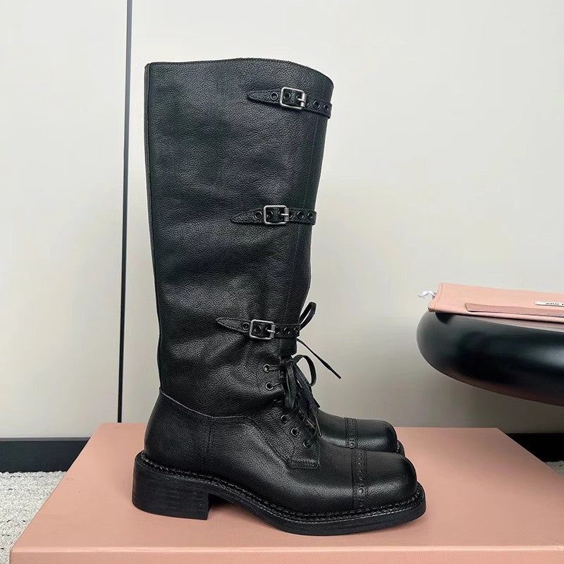 Large Size Retro British Martin Square Toe Laces High Women's Leather Boots