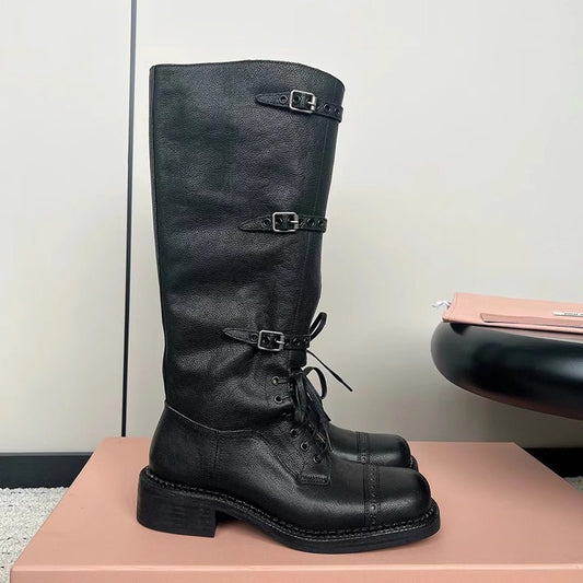 Large Size Retro British Martin Square Toe Laces High Women's Leather Boots