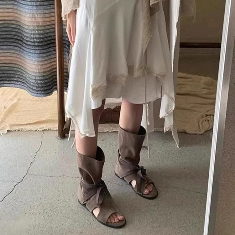 Women's Summer Korean Style Niche Strap Open Toe Women's Leather Boots