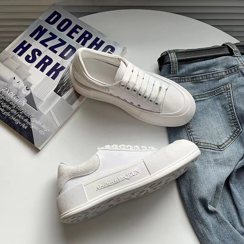 Women's Thick Sole Height Increasing White Breathable Board Muffin Comfortable Canvas Shoes