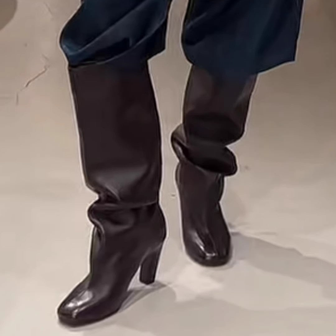 Women's Chunky Pile Style Below The Knee High Long Black Color Women's Leather Boots