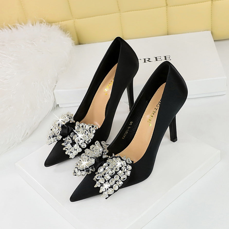 Women's Satin Shallow Mouth Pointed Toe Rhinestone Bow Women's Fashion Shoes