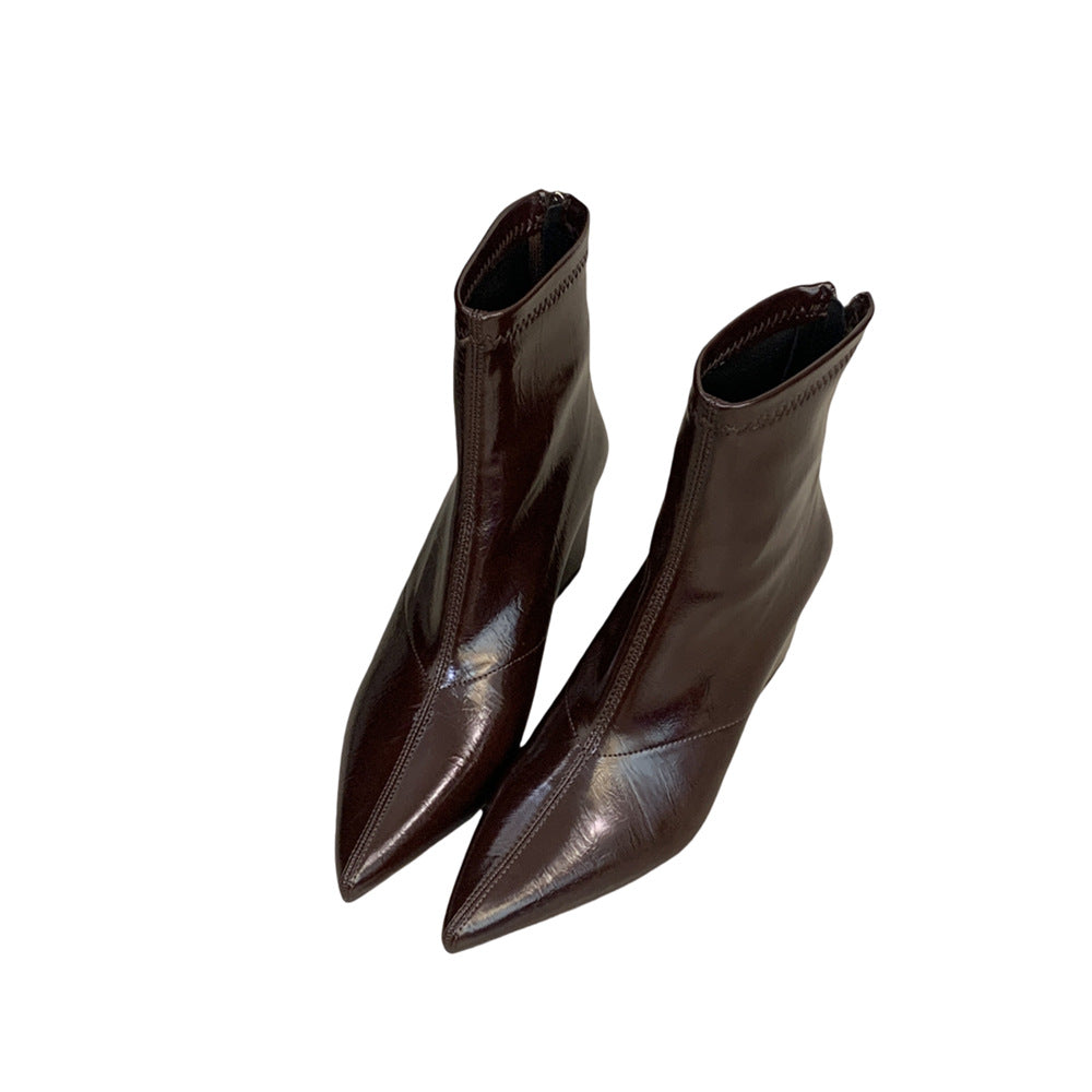 Women's High-grade Pointed Toe Wedge Short Back Zipper Skinny High Women's Leather Boots